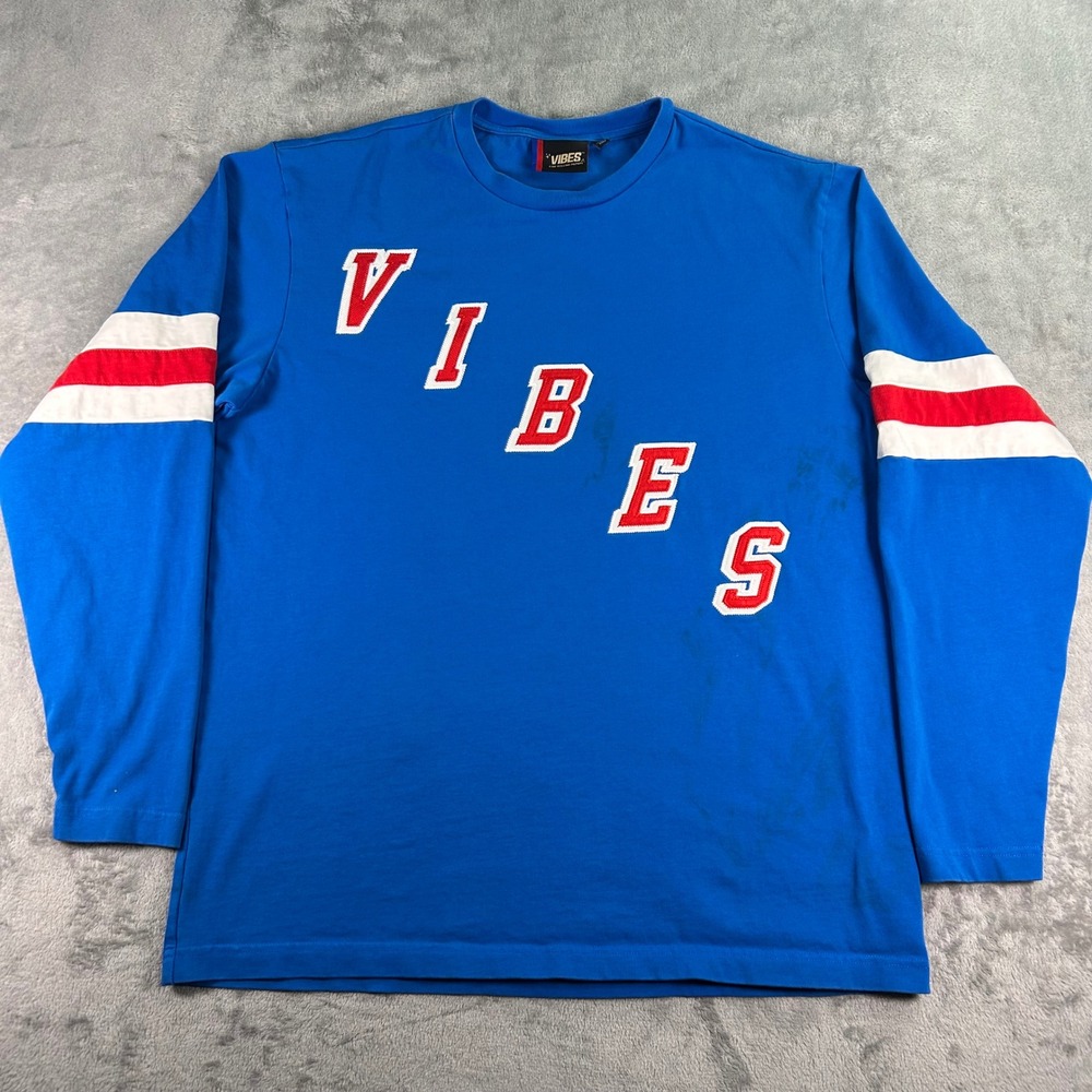 Vibes Fine Rolling Papers Blue Long Sleeve Jersey Shirt Mens L Chenille Patch
